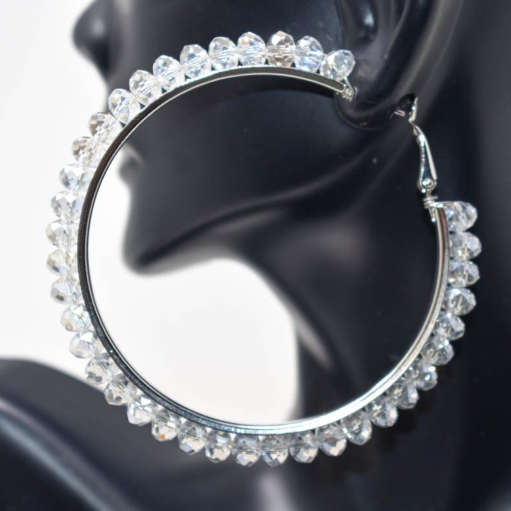 2.75" Clear Crystal Boho Silver Tone Hoop Earrings
